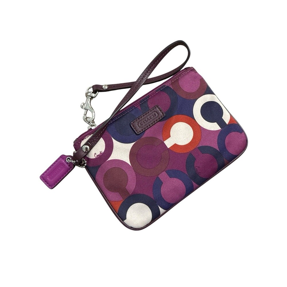 Coach Parker Bordeaux Multicolor OP Art Small Satin Wristlet Purple